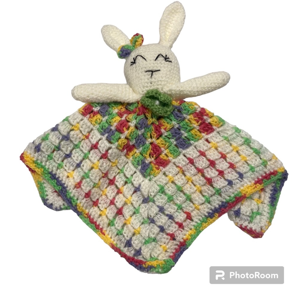 Handmade Crochet Colorful Stuffed Animal Bunny Lovey White Security Blanket